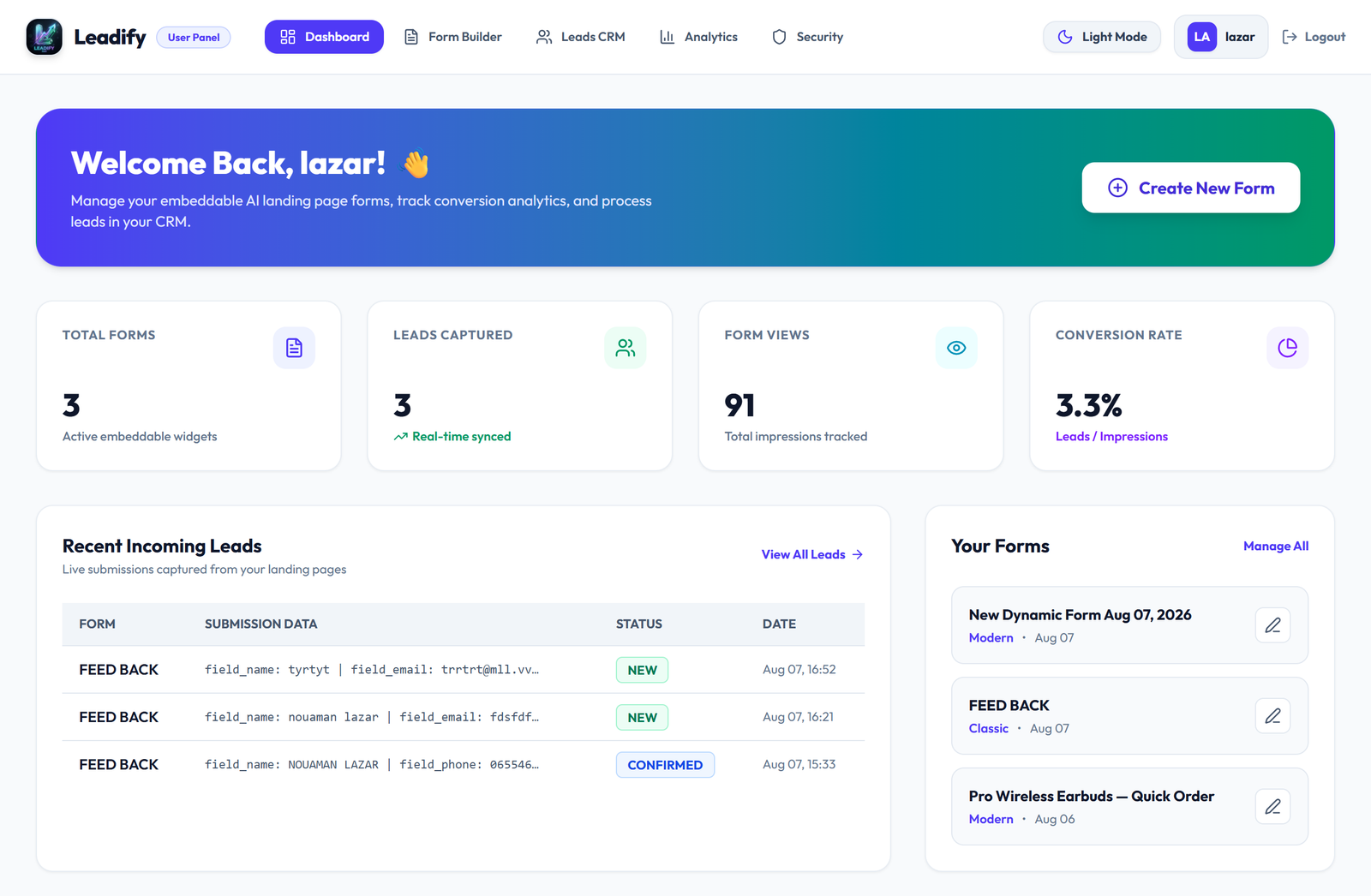 Leadify User Dashboard Real Screenshot